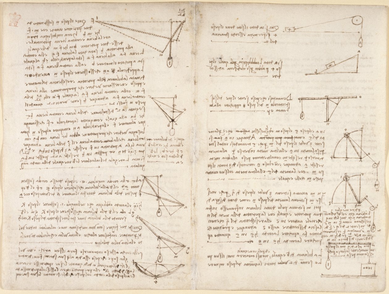 Arundel 263, f.7v, f.8 Mekanik üzerine notlar ve diyagramlar by Leonardo da Vinci