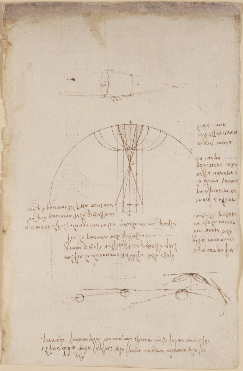 Arundel 263, f.85 Yansıma kostiği ile ilgili optik diyagramlar; vurmalı çalgının gücüyle ilgili ve Aristotelesçi ilke 