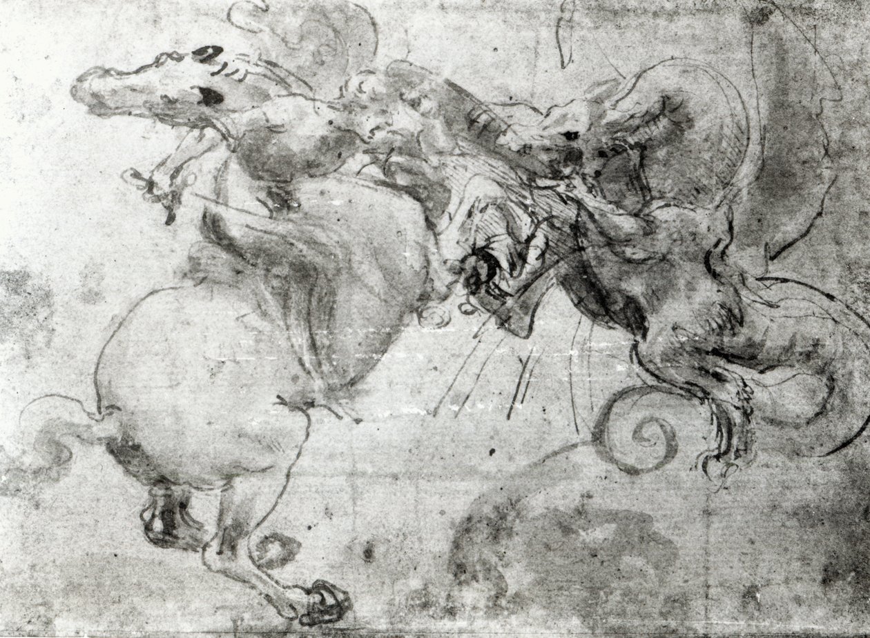 Bir Binici ve Ejderha arasındaki savaş, c.1482 (stylus underdrawing, kağıt üzerinde kalem ve fırça) by Leonardo da Vinci