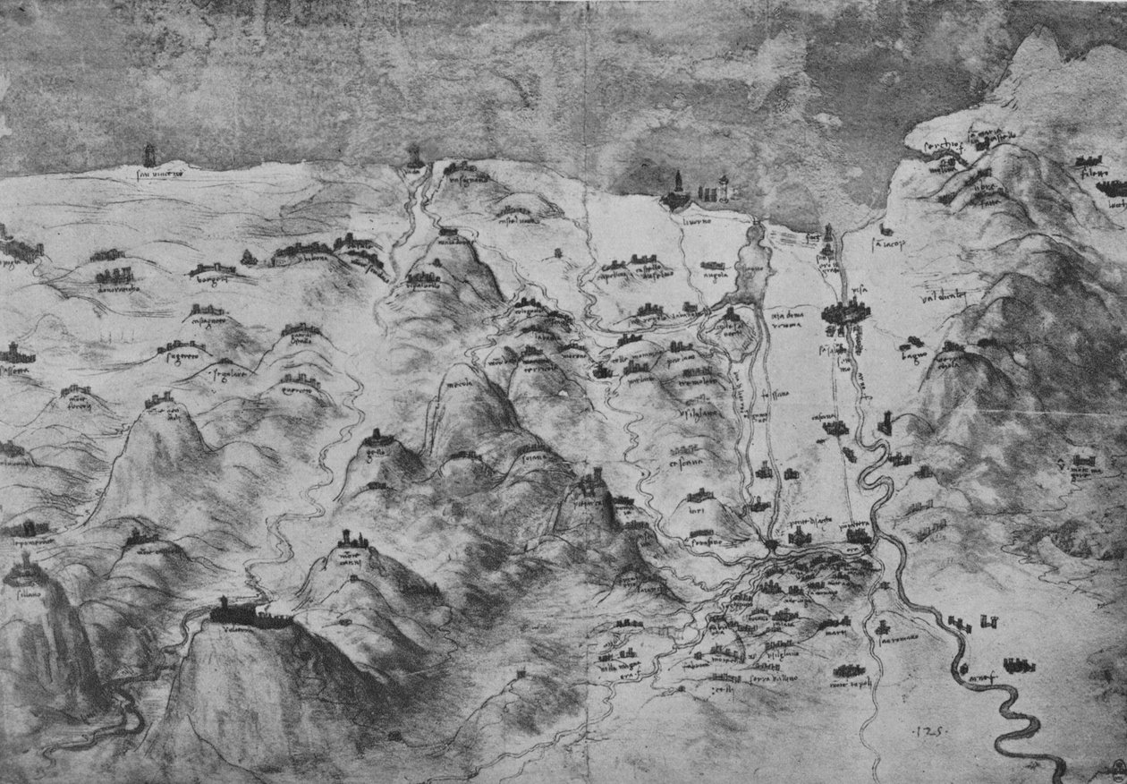 Toskana Bölgesinin Kuş Bakışı Görünümü, c1480 1945 by Leonardo da Vinci