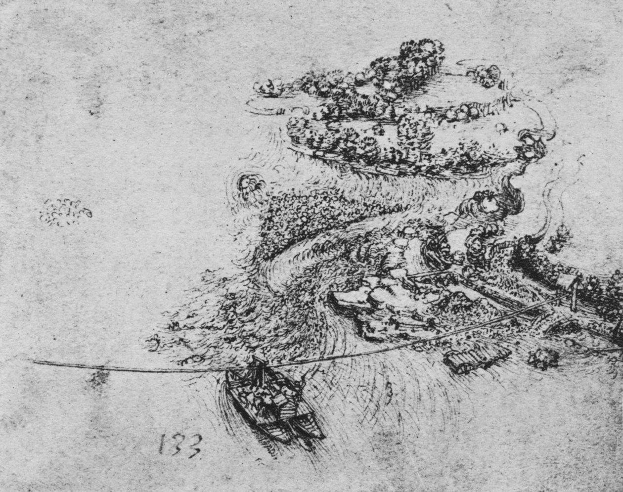 Halatlı Feribotlu Bir Nehrin Kuş Bakışı Görünümü, c1480 1945 by Leonardo da Vinci