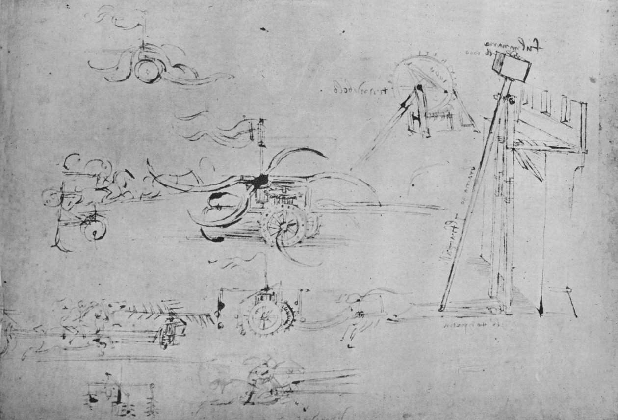 Tırpan ve Kılıçlarla Silahlı Savaş Arabaları ve Üç Mızraklı Süvari, c1480, 1945 by Leonardo da Vinci