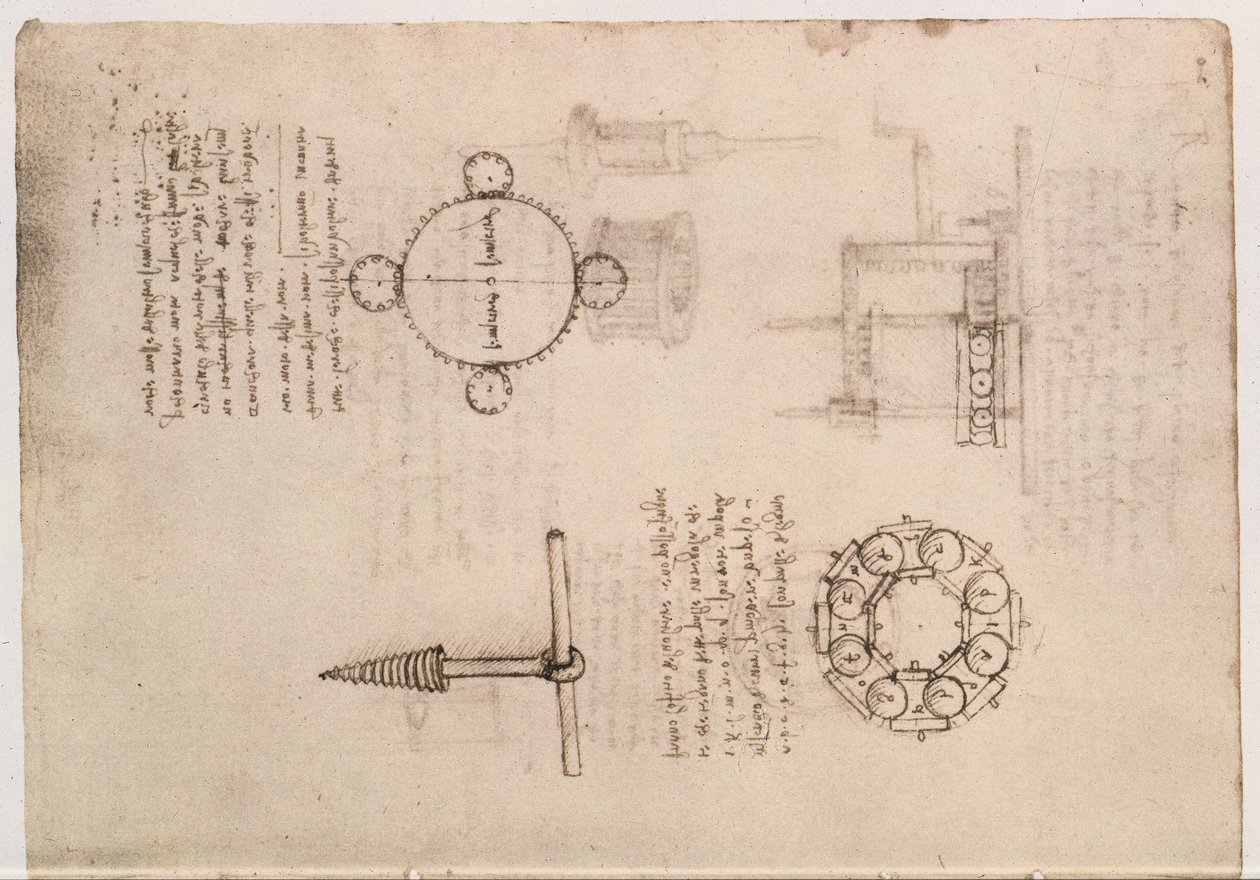 Codex Madrid I f.20, mekanik çalışmalar by Leonardo da Vinci