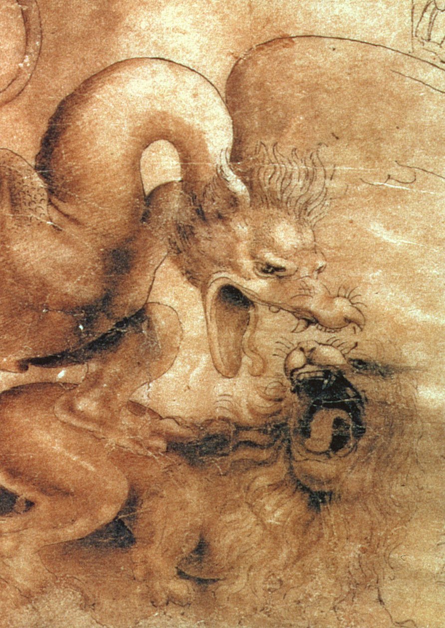 Ejderhanın çizimden detayı Bir ejderha ve bir aslan arasındaki kavga, kağıt üzerinde yıkama ile kahverengi mürekkep by Leonardo da Vinci