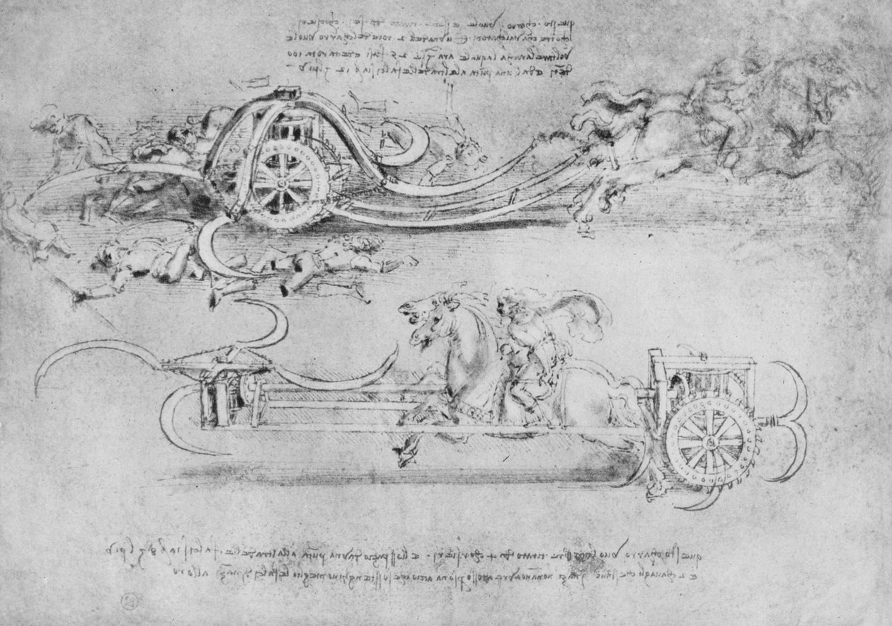 Tırpan Silahlı İki Tip Araba Çizimi, c1480 1945 by Leonardo da Vinci