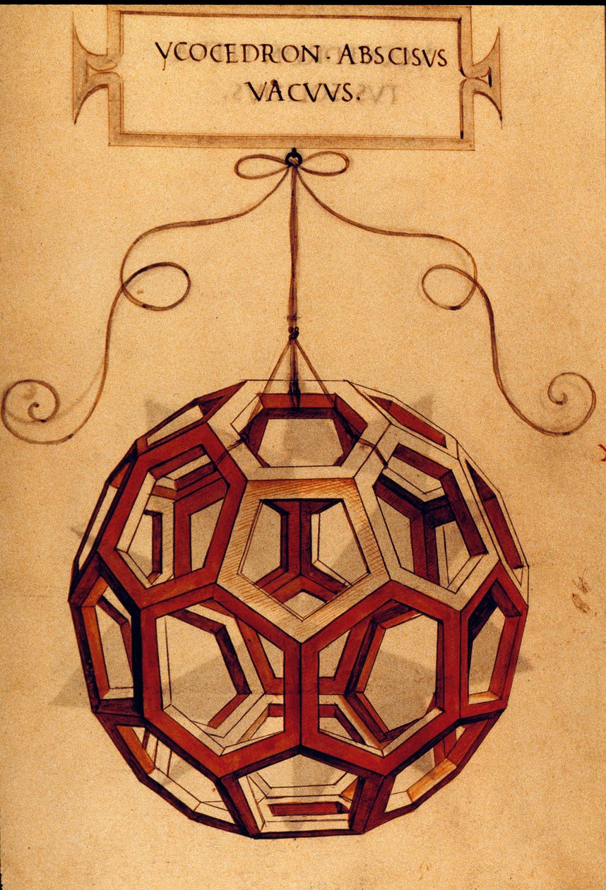 Geometri: “” Bir Icosahedron”” Leonardo da Vinci (1452-1519) tarafından çizilen matematikçi Fra Luca Pacioli dit Luca di Borgo