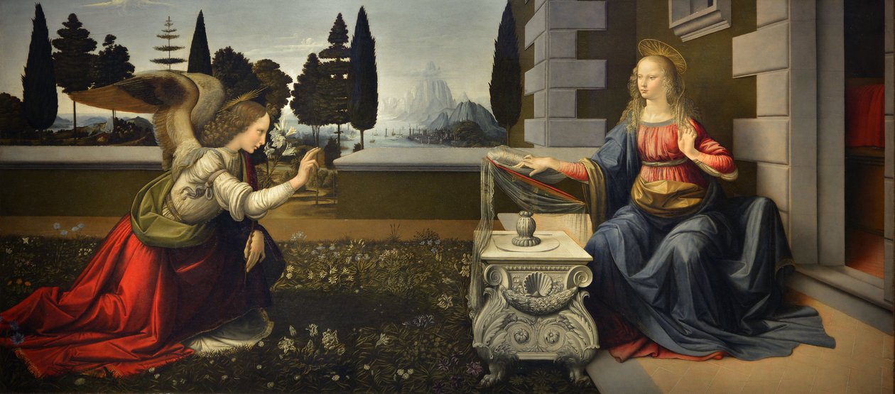 İtalya Toskana Floransa, Uffizi Galerisi: Müjde, Tablo, Leonardo da Vinci (1452-1519), Ahşap üzerine yağlı boya, yakl. 1472-1475, 98x217cm by Leonardo da Vinci