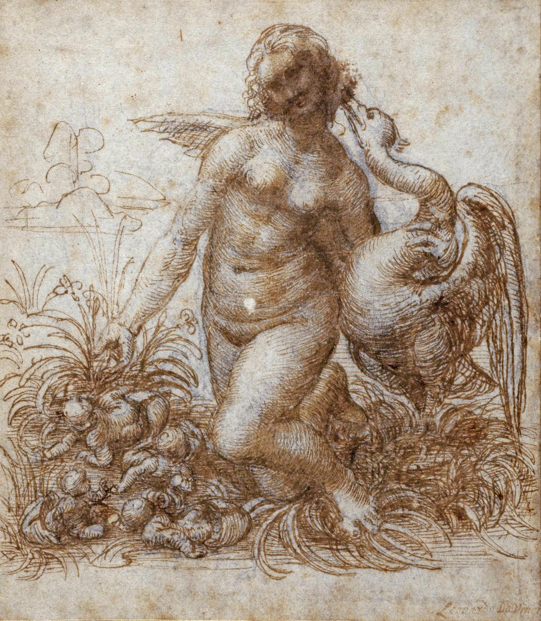 Leda ve kuğu (kağıt üzerine siyah tebeşir üzerine kalem ve kahverengi mürekkep) by Leonardo da Vinci