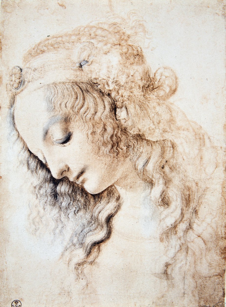 Leonardo da Vinci (Leonardo da Vinci) (1452 - 1519): Mücevherlerle zenginleştirilmiş bir bantla süslenmiş saçları kapalı ve başı aşağıda olan bir kızın portresi (Immagina) by Leonardo da Vinci