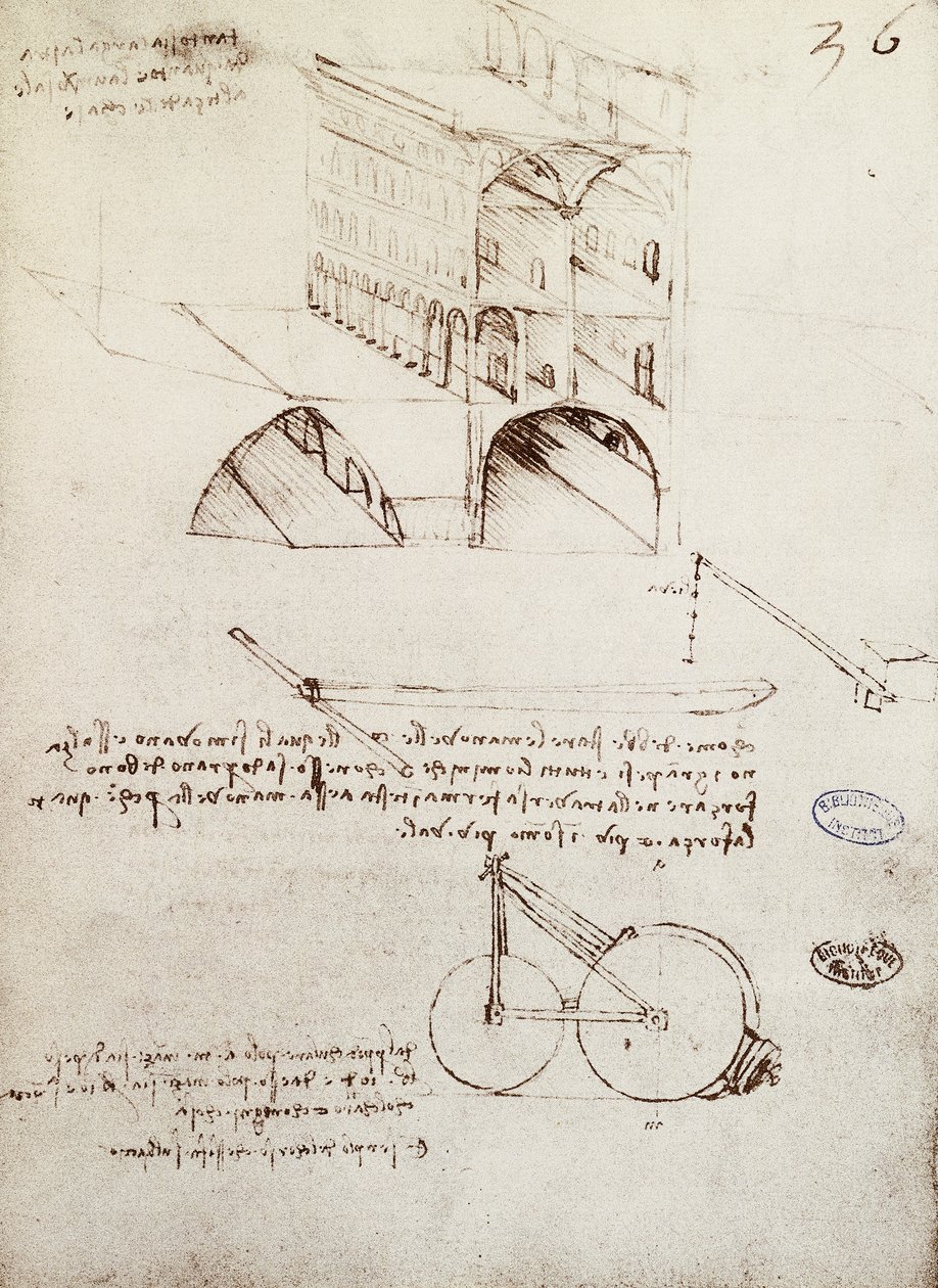 El Yazması B, f 36 r Sokakları yükseltilmiş şehirdeki binaların mimari çalışmaları, gelişimi ve bölümleri (kağıt üzerine kalem ve mürekkep) by Leonardo da Vinci