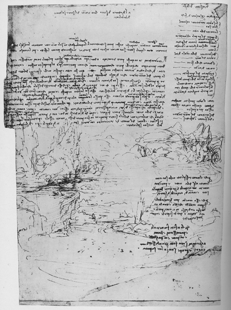 Manzara Eskizleri ile Metin Sayfası, c1480 1945 by Leonardo da Vinci