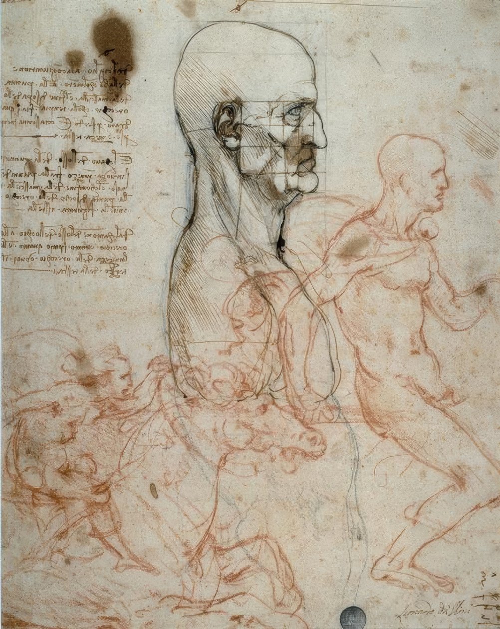 İnsan kafasının orantı şeması ve binicilik çalışmaları by Leonardo da Vinci