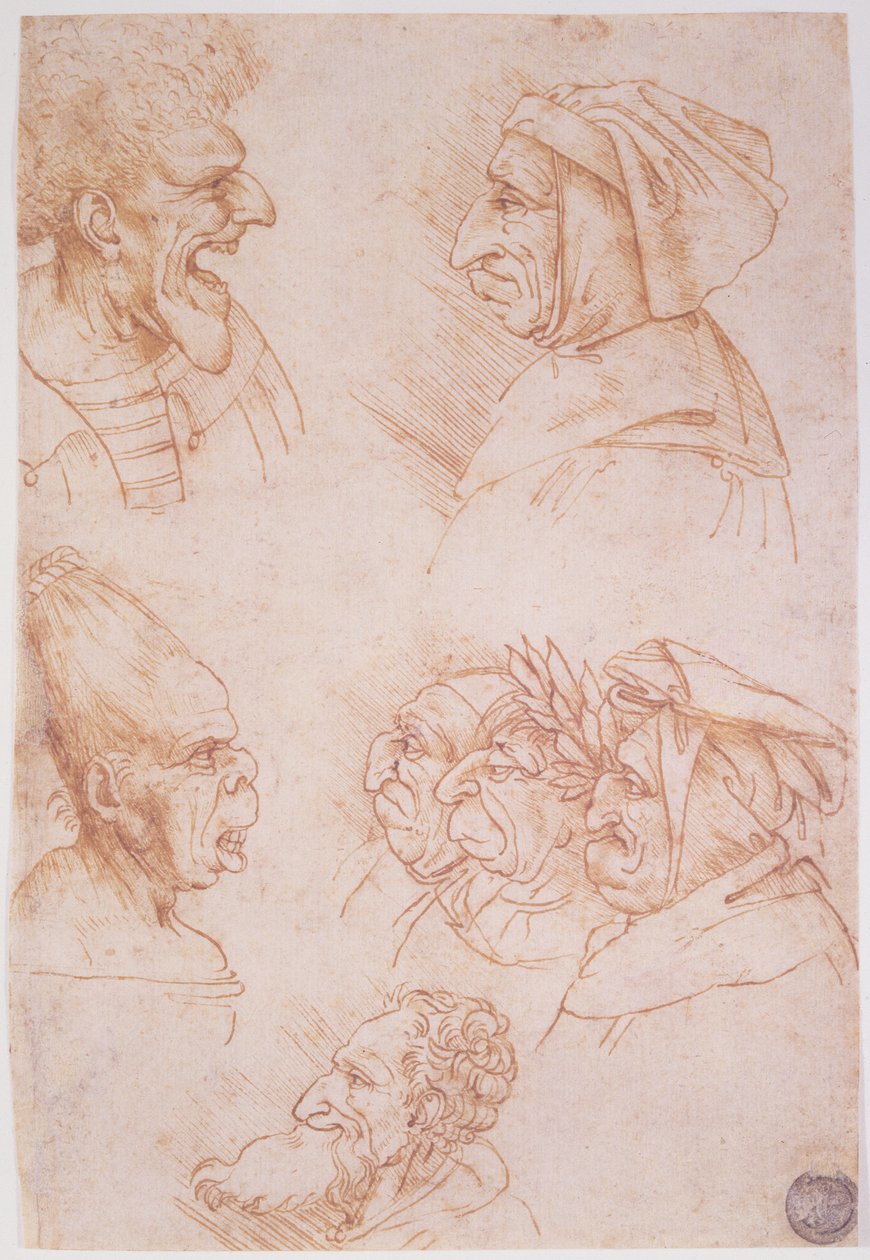 Yedi Grotesk Yüz Çalışması (kağıt üzerinde kırmızı tebeşir) by Leonardo da Vinci