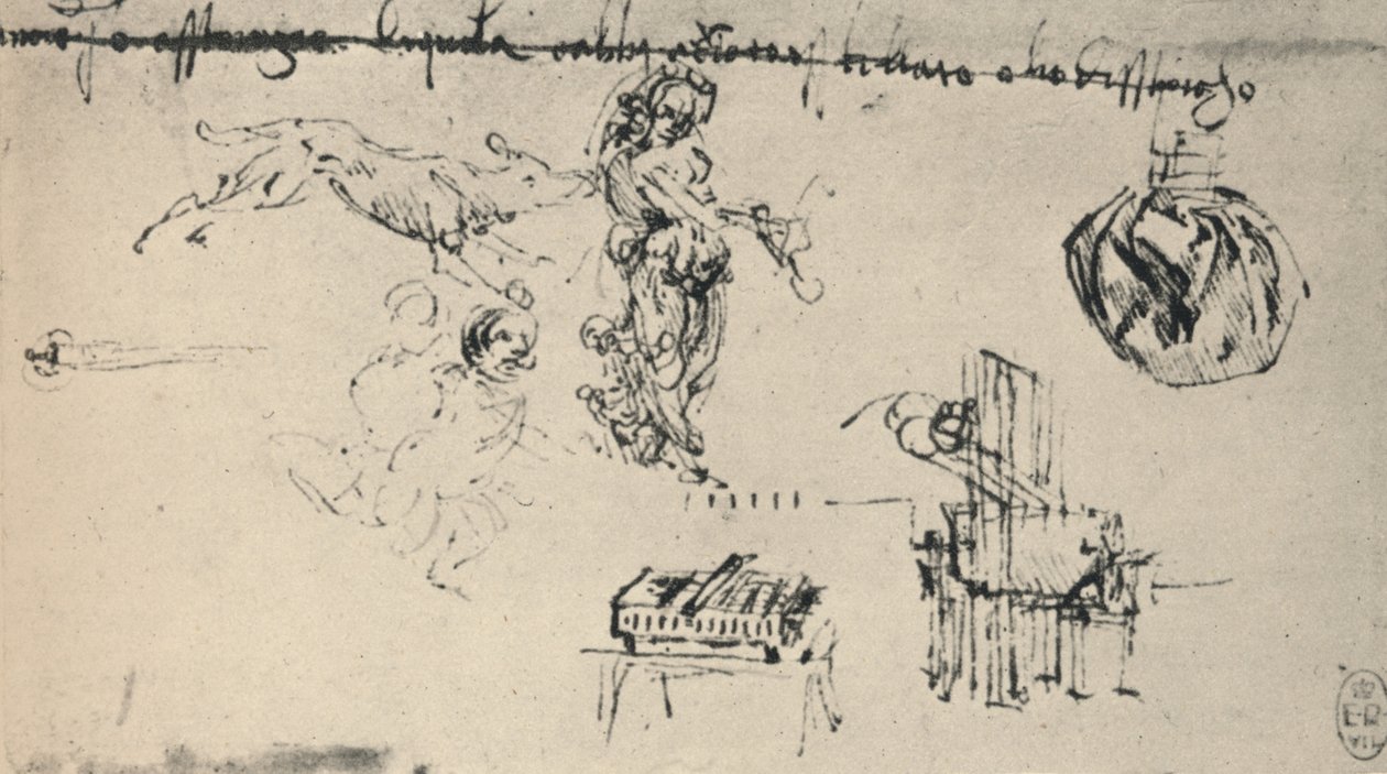 Genç Bir Kadın, Bir Kurt, vb. İle Çalışmalar Sayfası, c1480 1945 by Leonardo da Vinci