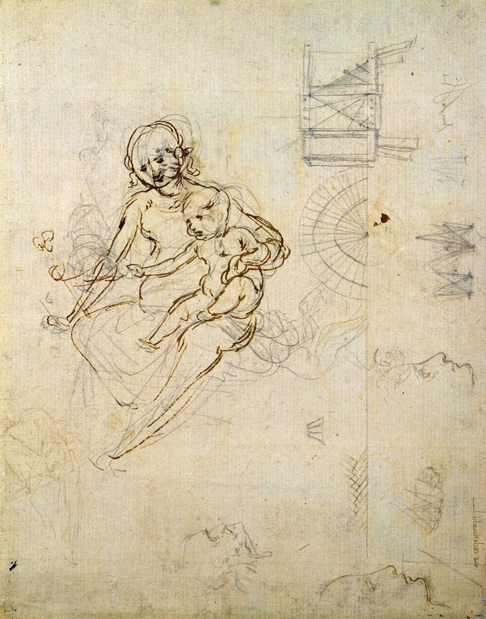 Bir Bakire ve Çocuk ve Profildeki ve Makinelerdeki Kafalar için Çalışmalar, c.1478-80 (kağıt üzerine kalem ve mürekkep) by Leonardo da Vinci