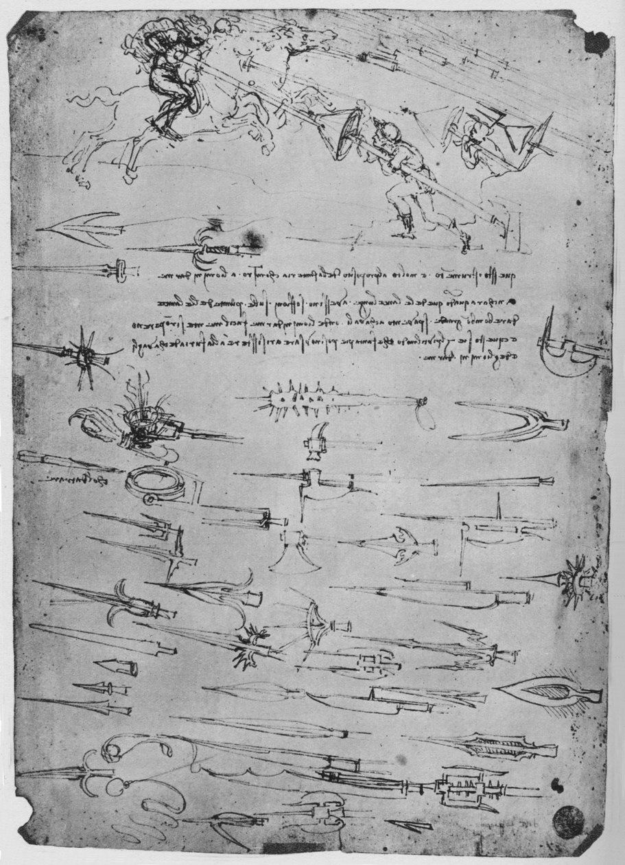 Kalkanlı Atlılara Mızraklarla Saldıran Piyadelerin Çalışmaları, c1480, 1945 by Leonardo da Vinci