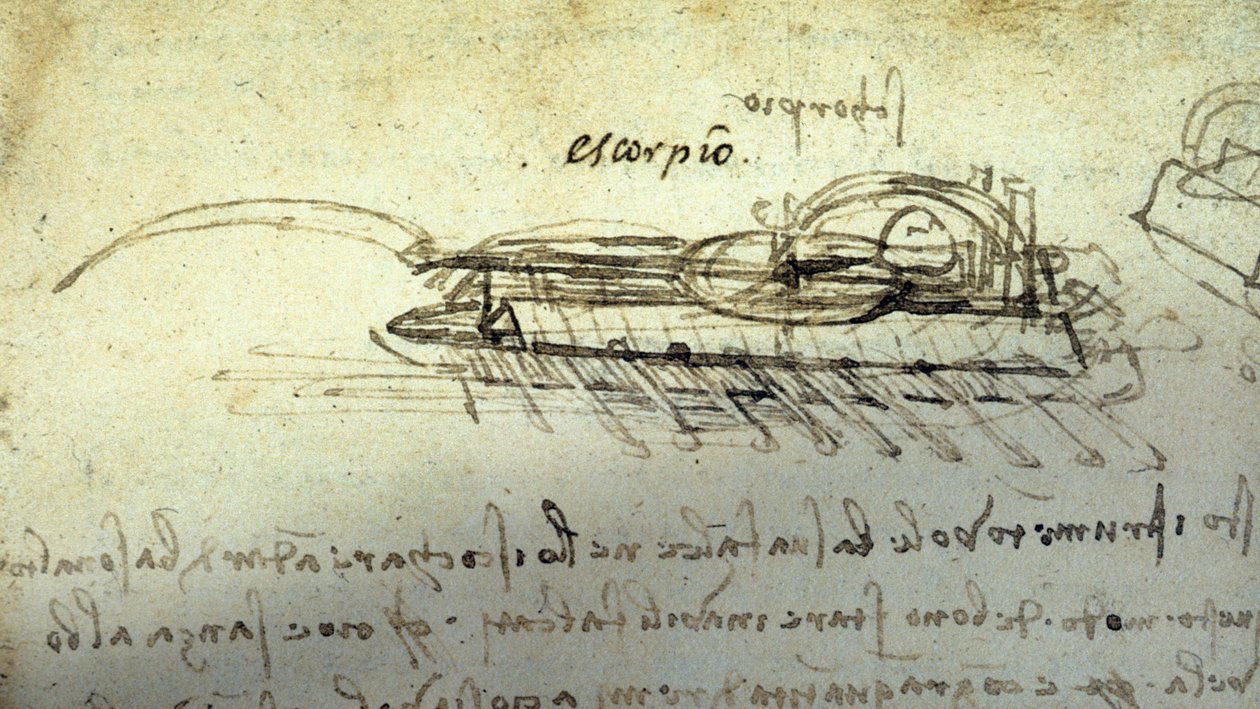 Leonard de Vinci (Leonardo da Vinci) (1452 - 1519) tarafından bir savaş makinesi Escorpio için çalışma. Kalem ve mürekkeple çizim. by Leonardo da Vinci