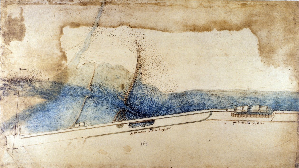 Leonard de Vinci (Leonardo da Vinci) (1452-1519) tarafından hidrolik makinelerde (noria) su kuvvetinden yararlanma çalışması. Kalem ve mürekkeple çizim. by Leonardo da Vinci