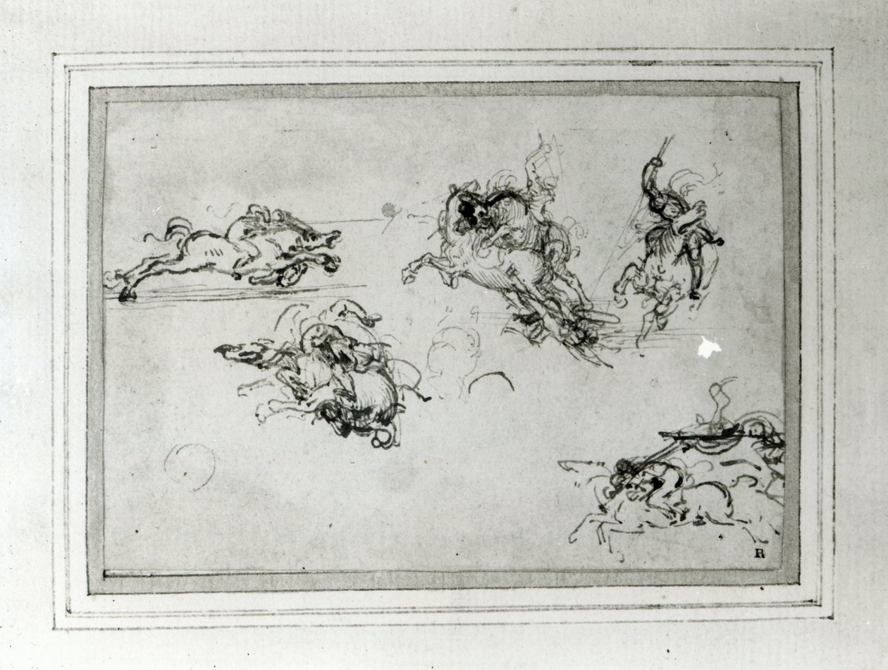 Savaşta Atlıların Çalışması, 1503-4 (kağıt üzerinde kalem ve mürekkep) by Leonardo da Vinci