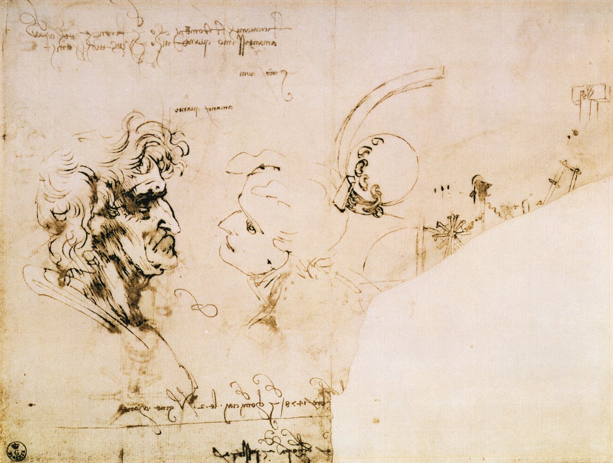 Profilde İki Kafa Çalışması ve Makina Çalışmaları by Leonardo da Vinci