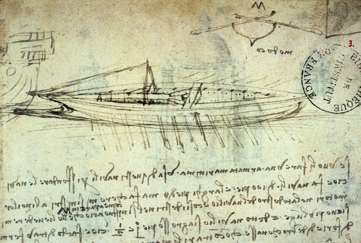 Leonard de Vinci (Leonardo da Vinci) (1452 - 1519) tarafından bir dizi kürekle donatılmış tekne çalışması. Kalem ve mürekkeple çizim. El yazması. Institut de France Kütüphanesi. Paris. by Leonardo da Vinci