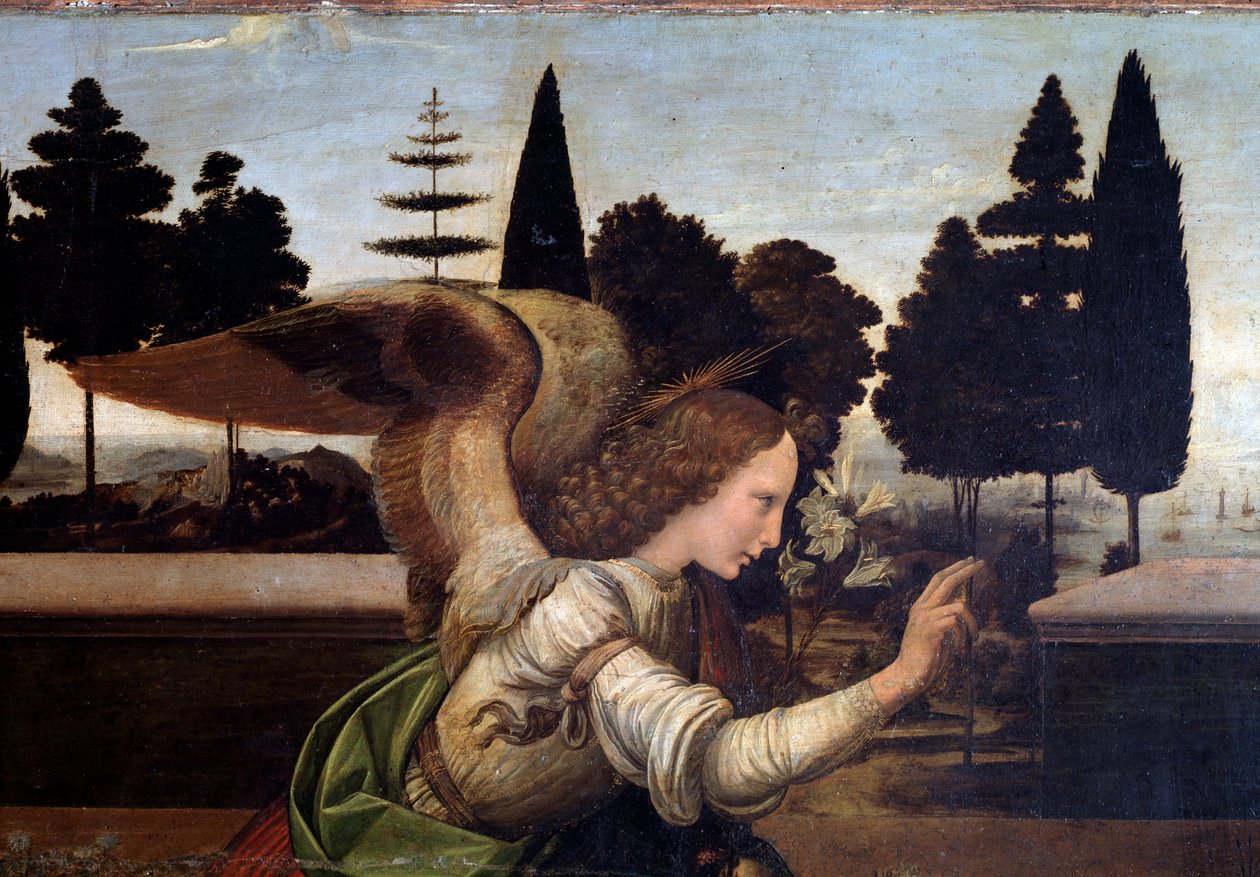 Müjde, Melek detayı - ahşap üzerine yağ by Leonardo da Vinci