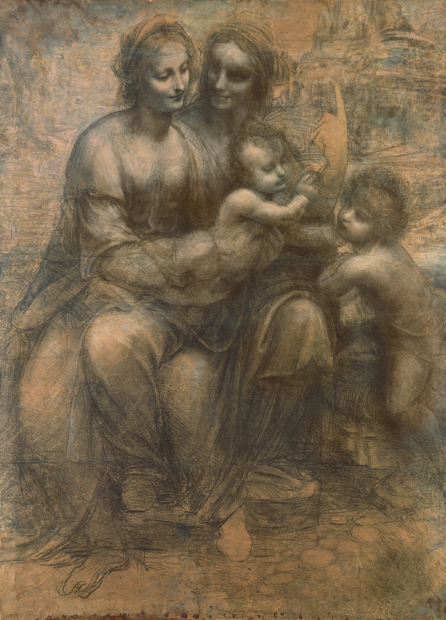 Bakire ve Çocuk, Aziz Anne ve Bebek Vaftizci Yahya, c.1499-1500 (kağıt üzerine beyaz tebeşirle yükseltilmiş karakalem, tuval üzerine monte edilmiş) by Leonardo da Vinci
