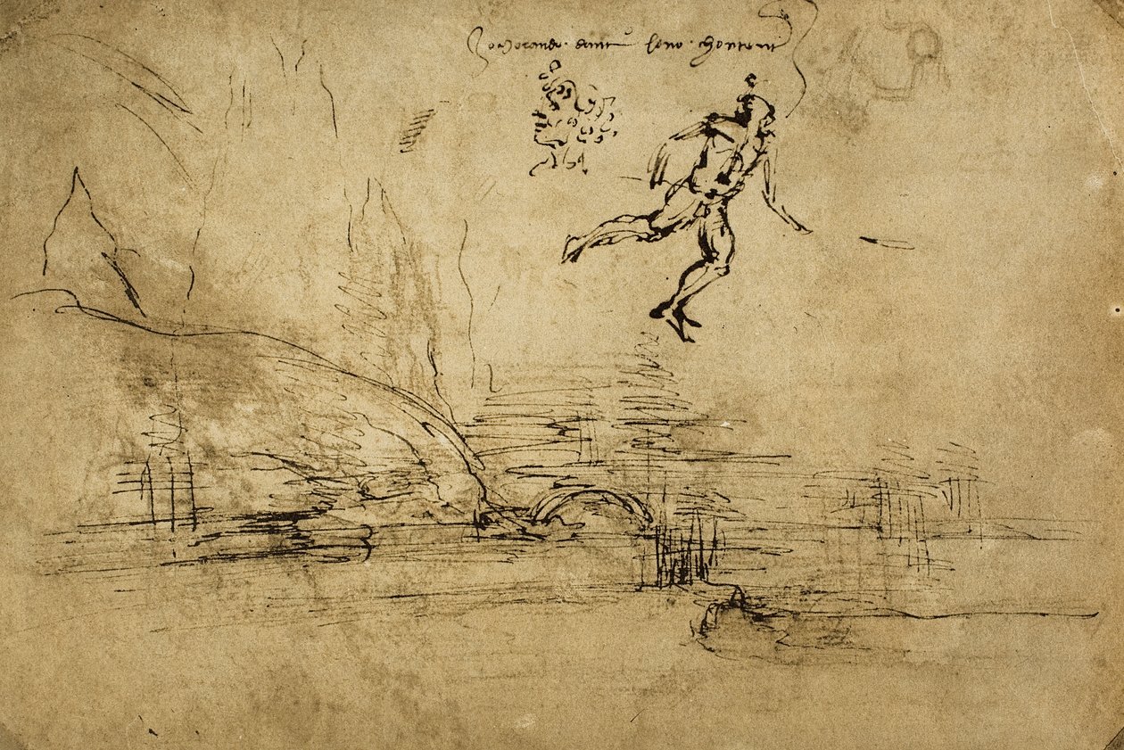 Bir asker figürü ile bir manzara çiziminin arkası: Leonardo da Vinci