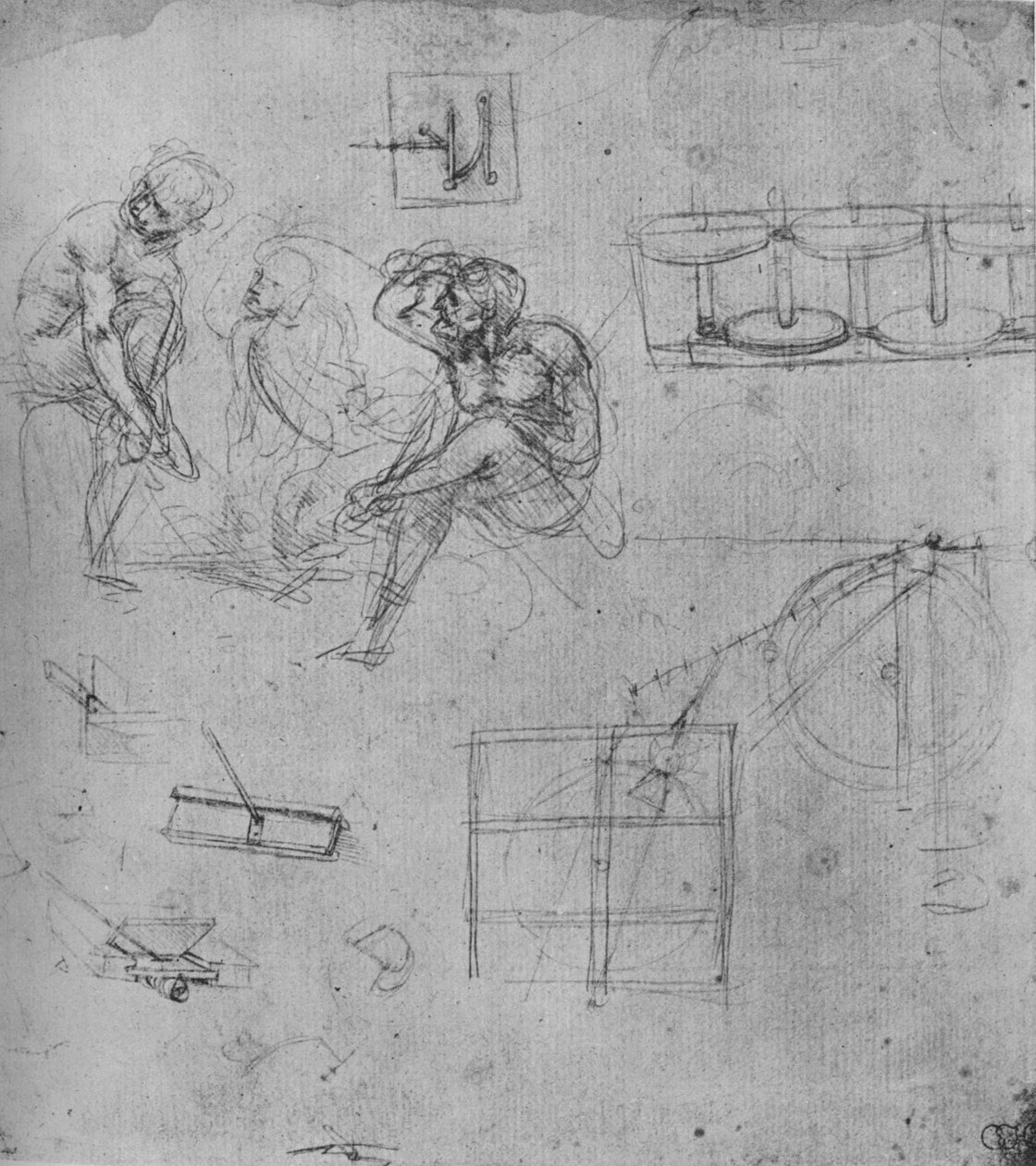 Üç Oturan Figür ve Makine Çalışmaları, 1480-1481 1945 by Leonardo da Vinci