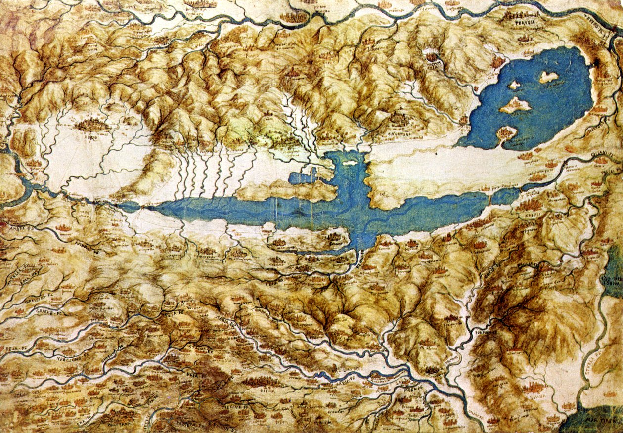 Arezzo Ovası ve Val di Chiana çevresindeki kırsal alanın topografik görünümü, 16. yüzyılın başlarında by Leonardo da Vinci