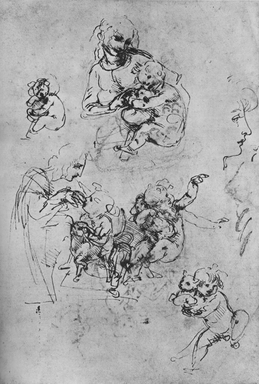 Madonna ve Çocuk Üzerine İki Çalışma ve Kedili Çocuk ve Üç Çocuk Çalışması, 1475-1481 1945 by Leonardo da Vinci