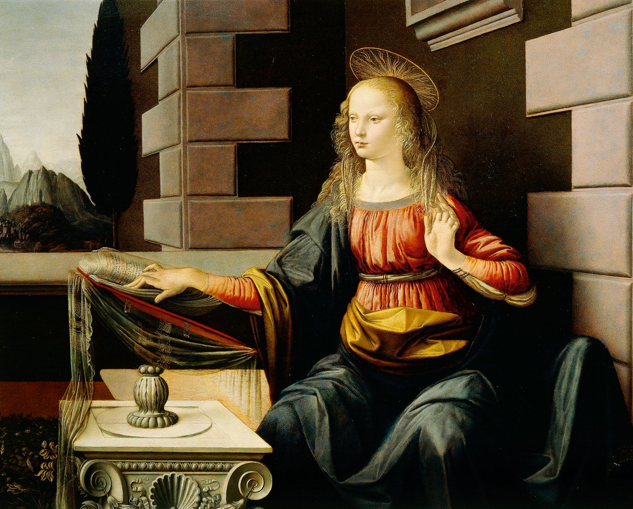 Meryem Ana, Müjde'den detay, 1475 dolayları (ahşap üzerine yağ ve tempera) by Leonardo da Vinci