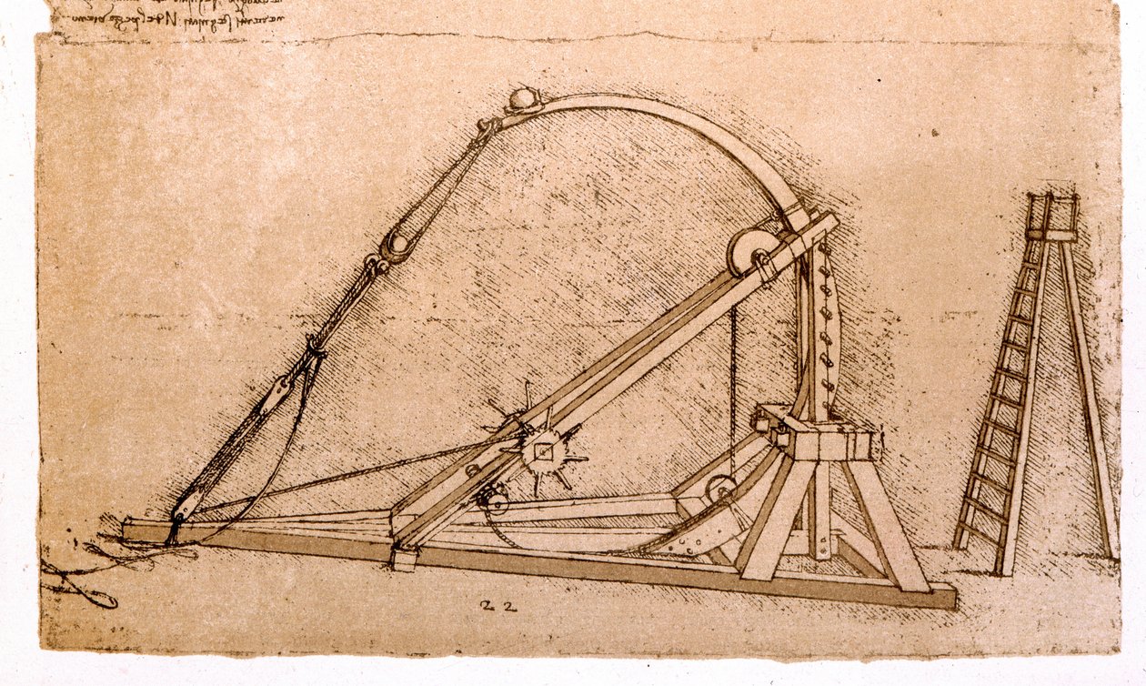 Savaş makinesi: Leonard de Vinci (Leonardo da Vinci) (1452 - 1519) tarafından mancınık çalışması. by Leonardo da Vinci
