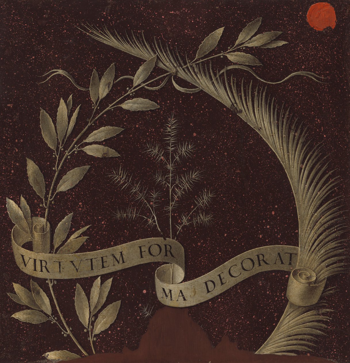 Bir Parşömen Yazılı Virtutem Forma Decorat ile Defne, Palmiye ve Ardıç Çelengi, c.1474-78 (panelde tempera) by Leonardo da Vinci