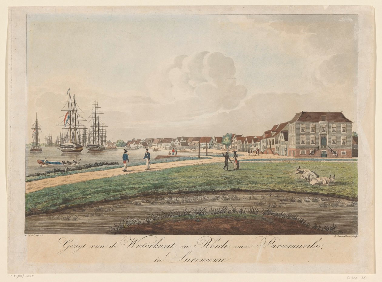 Paramaribo'daki Waterkant'ın Görünümü Surinam'daki Waterkant ve Rhede of Paramaribo'nun görünümü (nesnedeki başlık) by Leonardus Schweickhardt