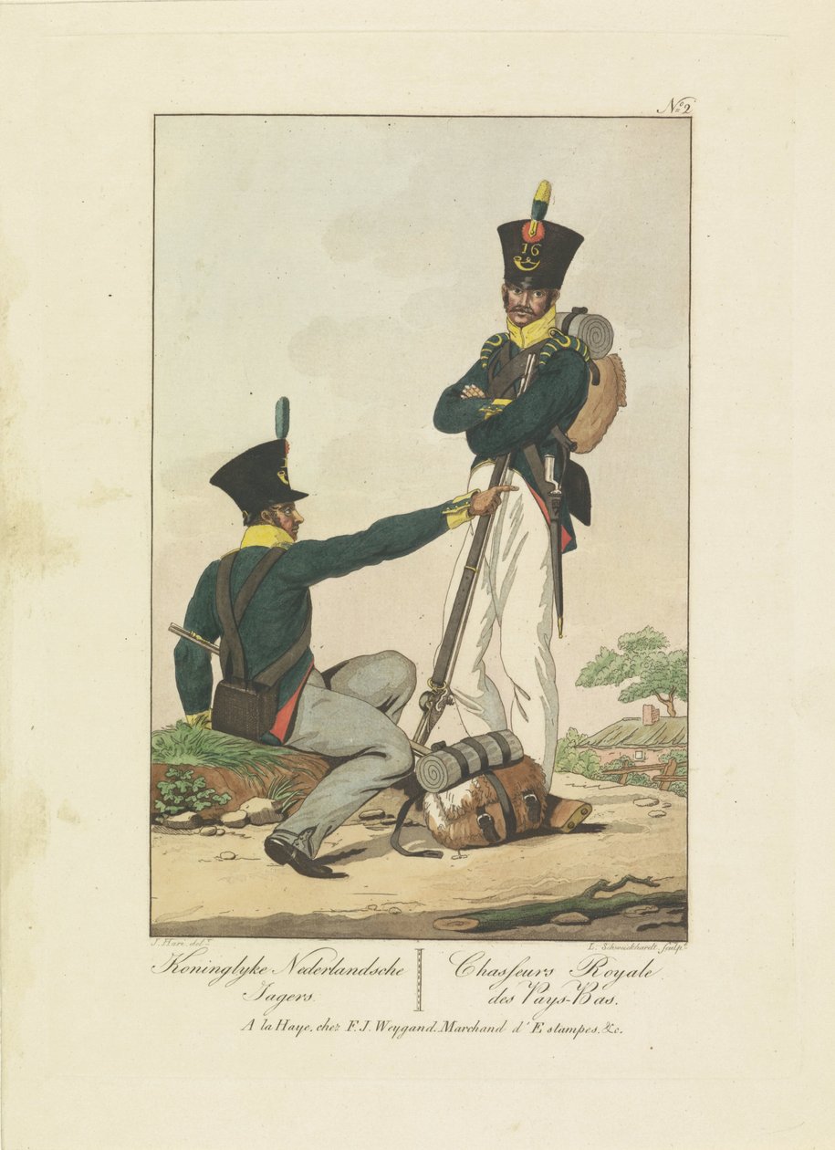 İki Avcı, 1814-1818 Koninglyke Nederlandsche Jagers / Chasseurs Royale des Pays-Bas (nesne üzerindeki başlık) Yedi tek tip performans 1814-1818 (seri başlığı) by Leonardus Schweickhardt