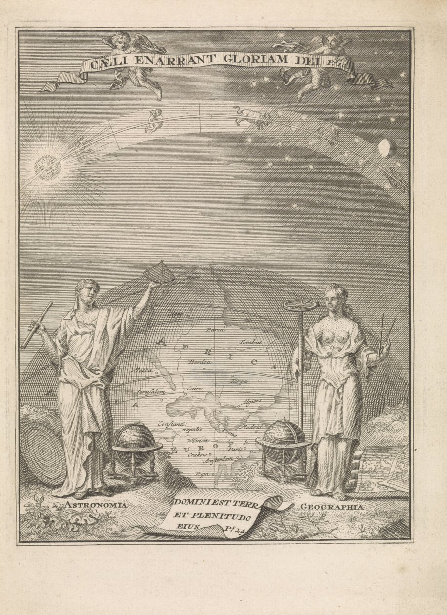 Astronomi ve Coğrafya, ölçüm aletleri ile Caeli anarrant gloriam dei Ps.10 (nesne üzerindeki başlık) Başlık sayfası: 't Werkstellige der sterre-konst by Leonardus Valck