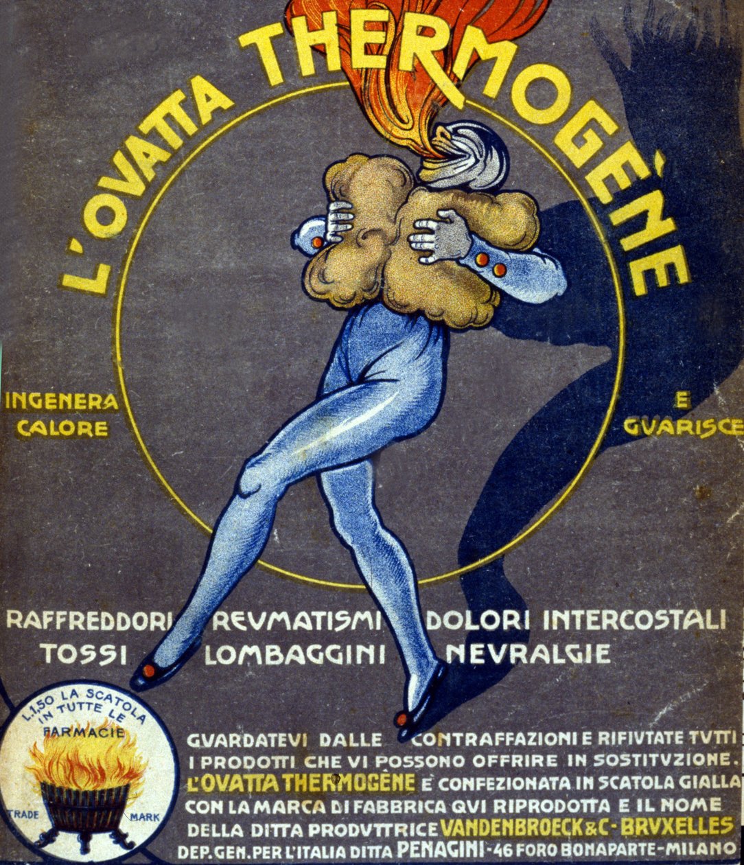 Soğuk algınlığı, iç ağrılar, romatizma, öksürük, nevralji ve bel ağrılarını tedavi eden termojenik pamuk yünü reklamı. L. Cappiello (1875 - 1942) İtalya, 20. yüzyıl çizimi. by Leonetto Cappiello