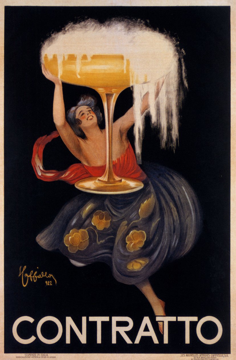 Köpüklü şarap “" Contratto "” için reklam afişi: küçük bir peri, büyük bir bardağı kaldıran bir elf. Leonetto Cappiello
