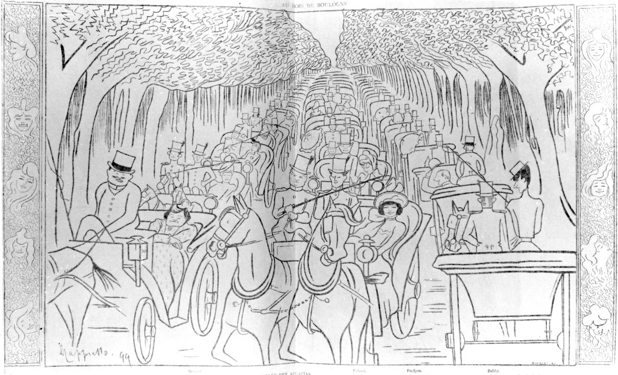 Stage, Music Hall and Opera stars of the Belle Epoque era, driving in the Bois de Boulogne, Avenue des Acacias, Paris, humorous caricature from 