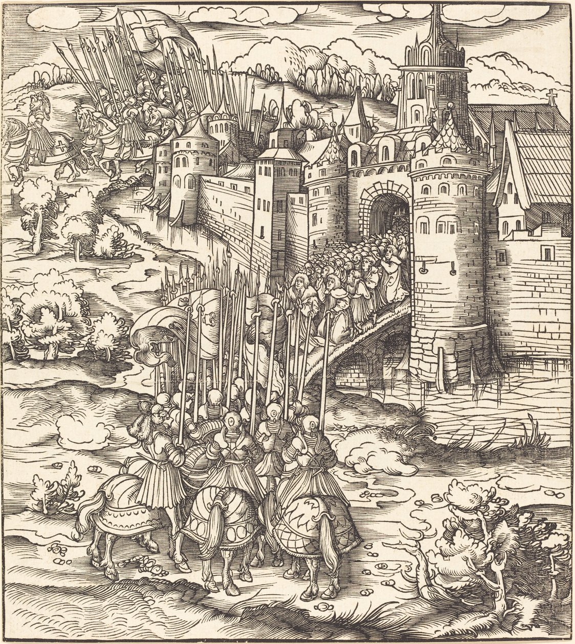 Bir Kasabanın Önündeki Köprüde Diz Çöken Çeşitli Adamlar by Leonhard Beck