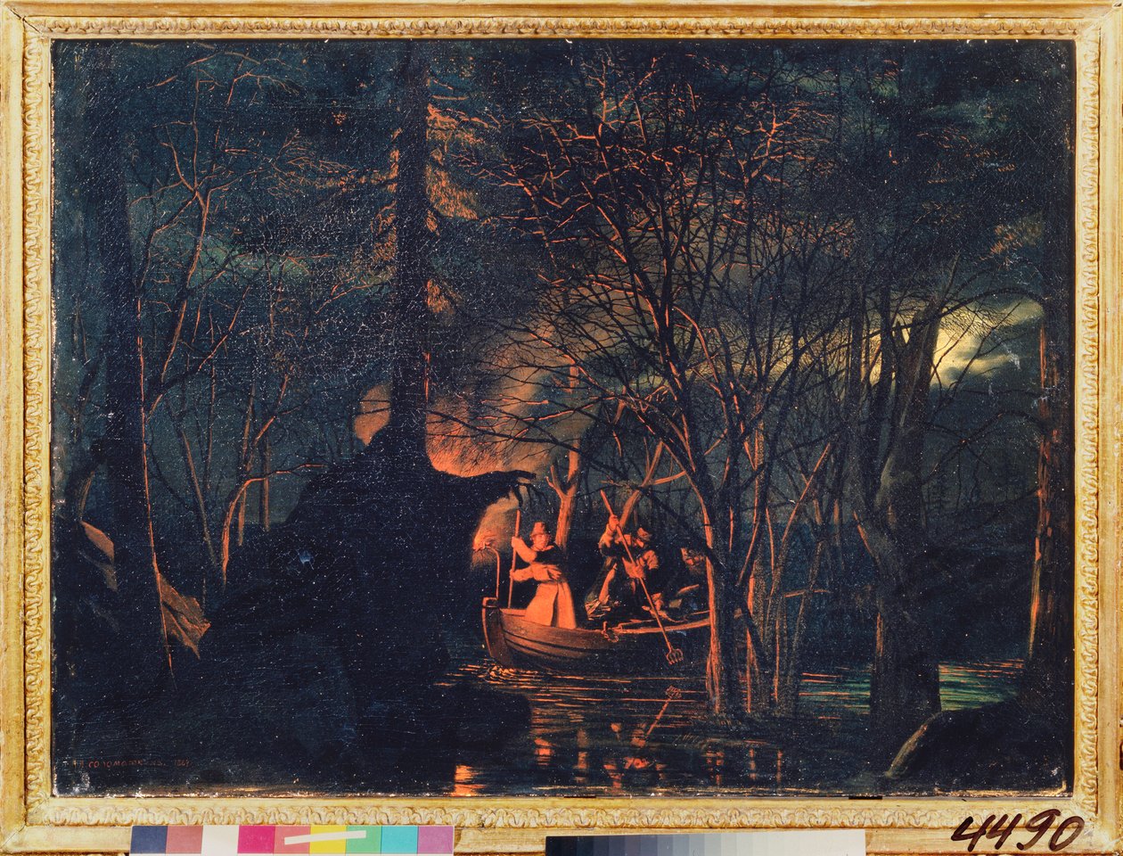 Gece mızrak balıkçılığı. Leonid Ivanovich Solomatkin (1837-1883), tuval üzerine yağlı boya tablosu by Leonid Ivanovich Solomatkin