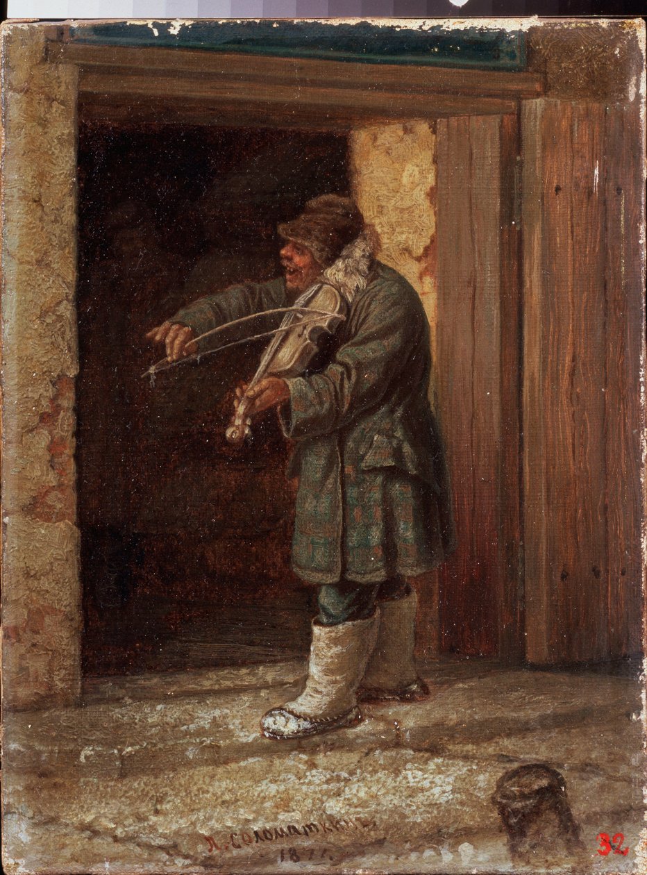 Müzisyen. (Bir kır binasının girişinin önünde çalan bir dilenci kemancı). Leonid İvanoviç Solomatkin