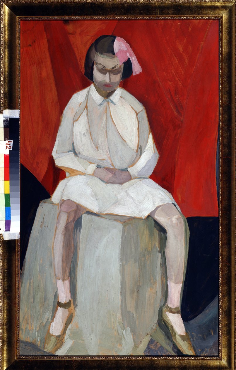 ""La petite fille sur un cube"" Peinture de Leonid Terentievich Chupyatov (Chupiatov) (1890-1941) 1920 environ Özel Koleksiyon by Leonid Terentlevich Chupyatov