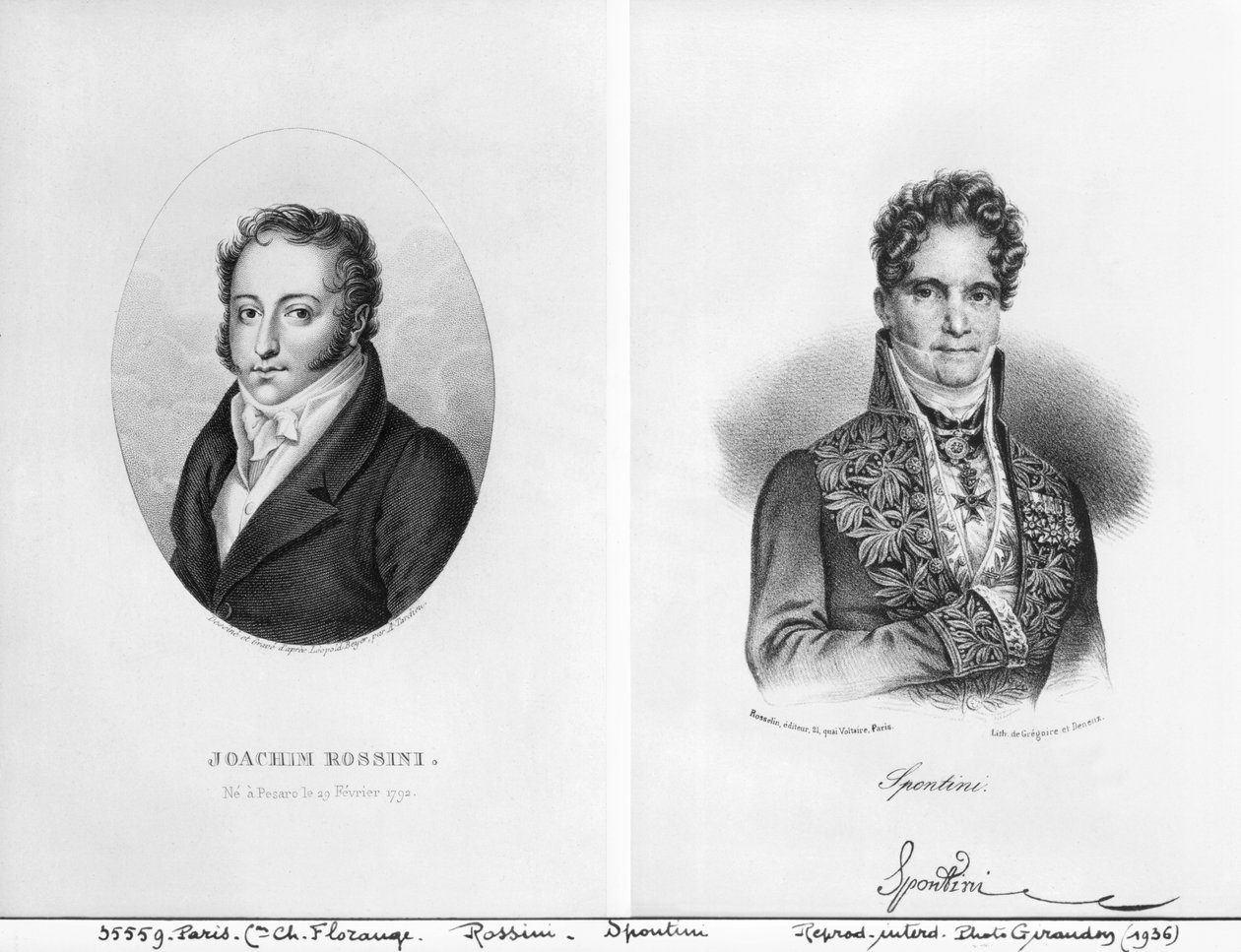 Gioacchino Rossini (1792-1868) ve Gaspare Spontini (1774-1851), Ambroise Tardieu (1788-1841) ve Gregoire et Deneux (18.-19. yüzyıl) tarafından oyulmuş by Leopold Beyer