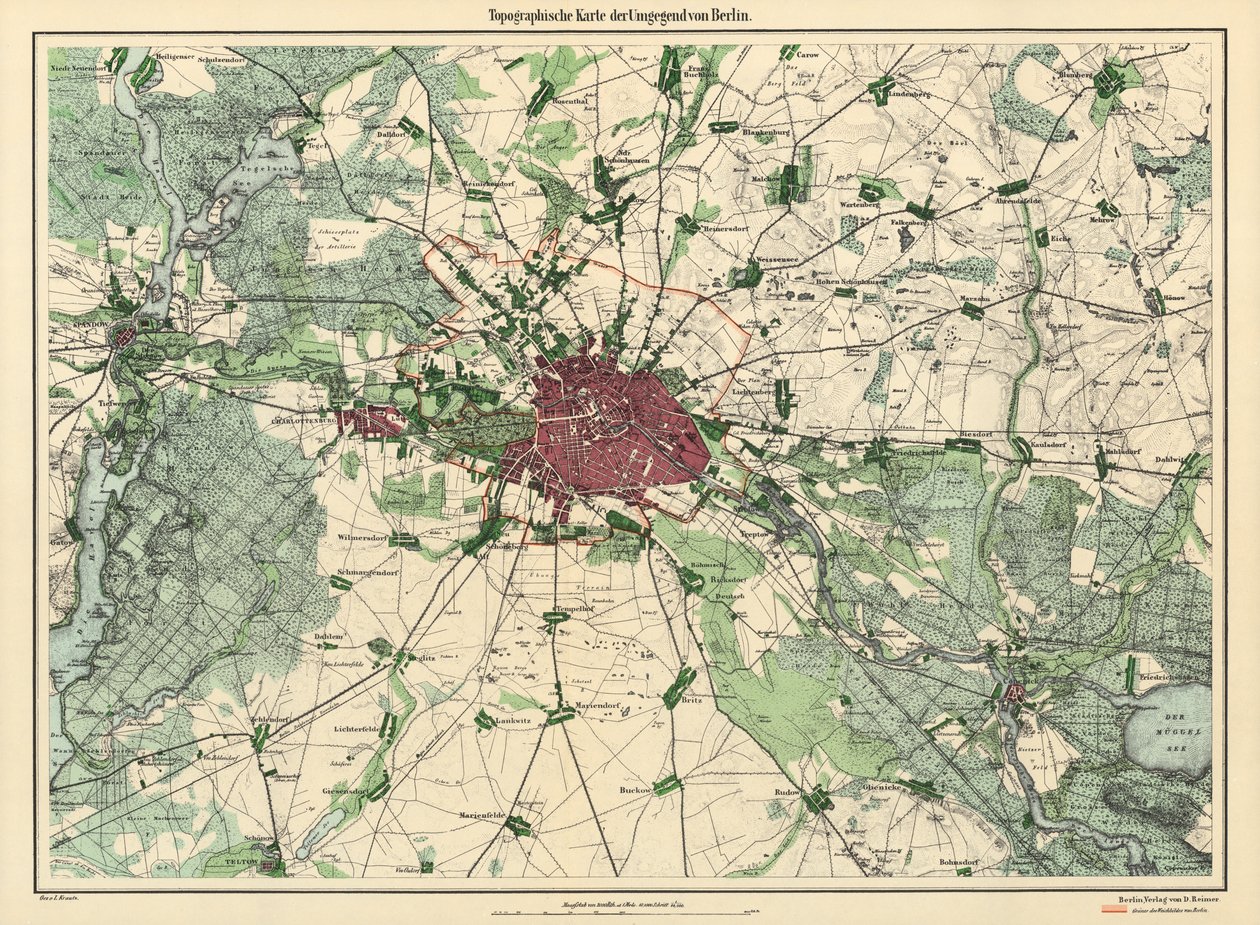 D. Reimer Verlag tarafından yayınlanan Berlin Haritası, Berlin, 1871 (renkli gravür) by Leopold Kraatz