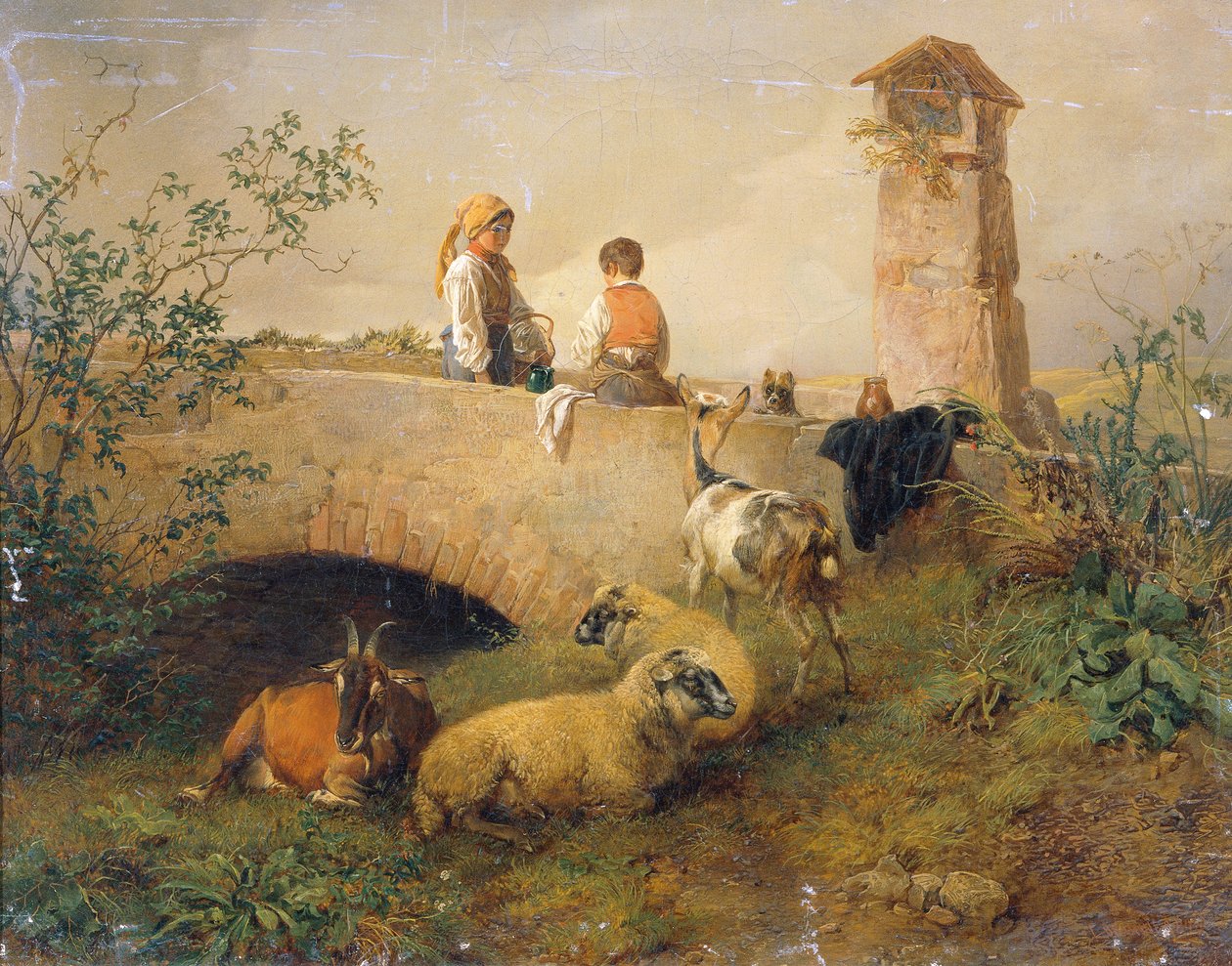 Koyun ve keçi ile erkek ve kız by Leopold Brunner d. J.