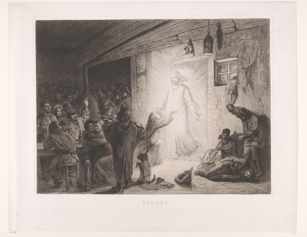İsa bir handa belirir, genç bir kadın önünde diz çöker Sauvée (nesne üzerindeki başlık) by Leopold Flameng