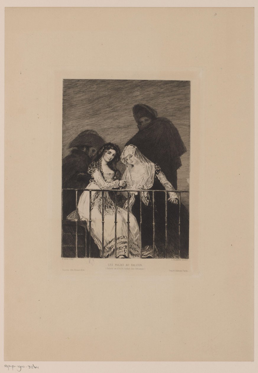 Arkalarında gölgede iki erkek olan iki kadın Les majas au balkon (nesne üzerindeki başlık) by Leopold Flameng