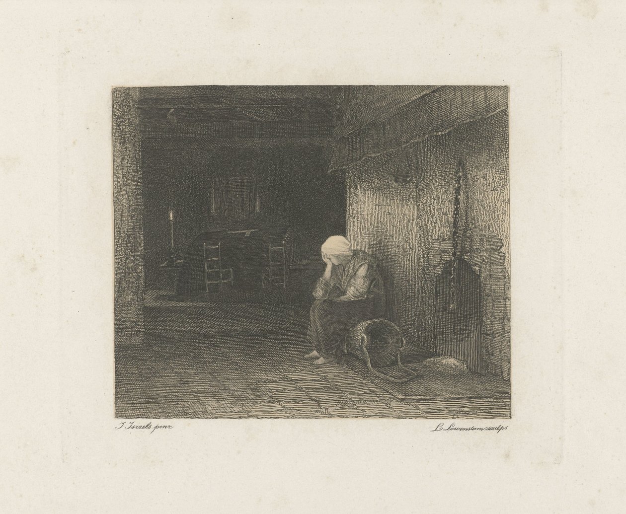 Şöminenin yanında kadınla iç by Leopold Lowenstam
